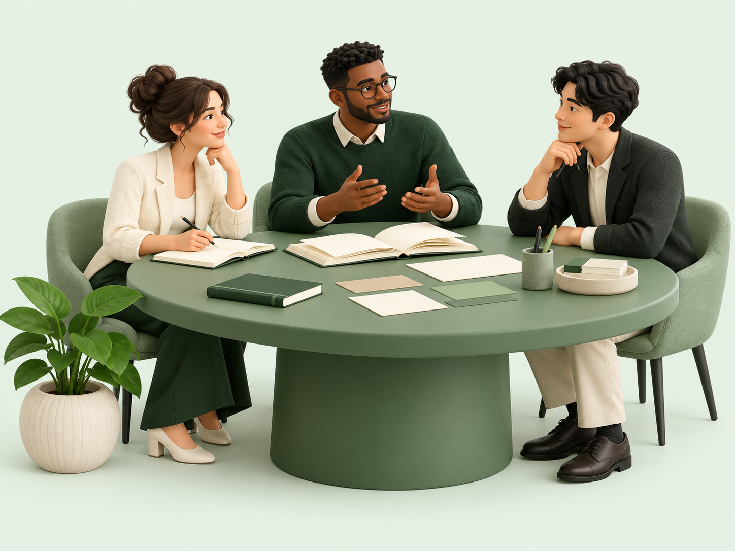 Illustration of a team discussing documents around a table