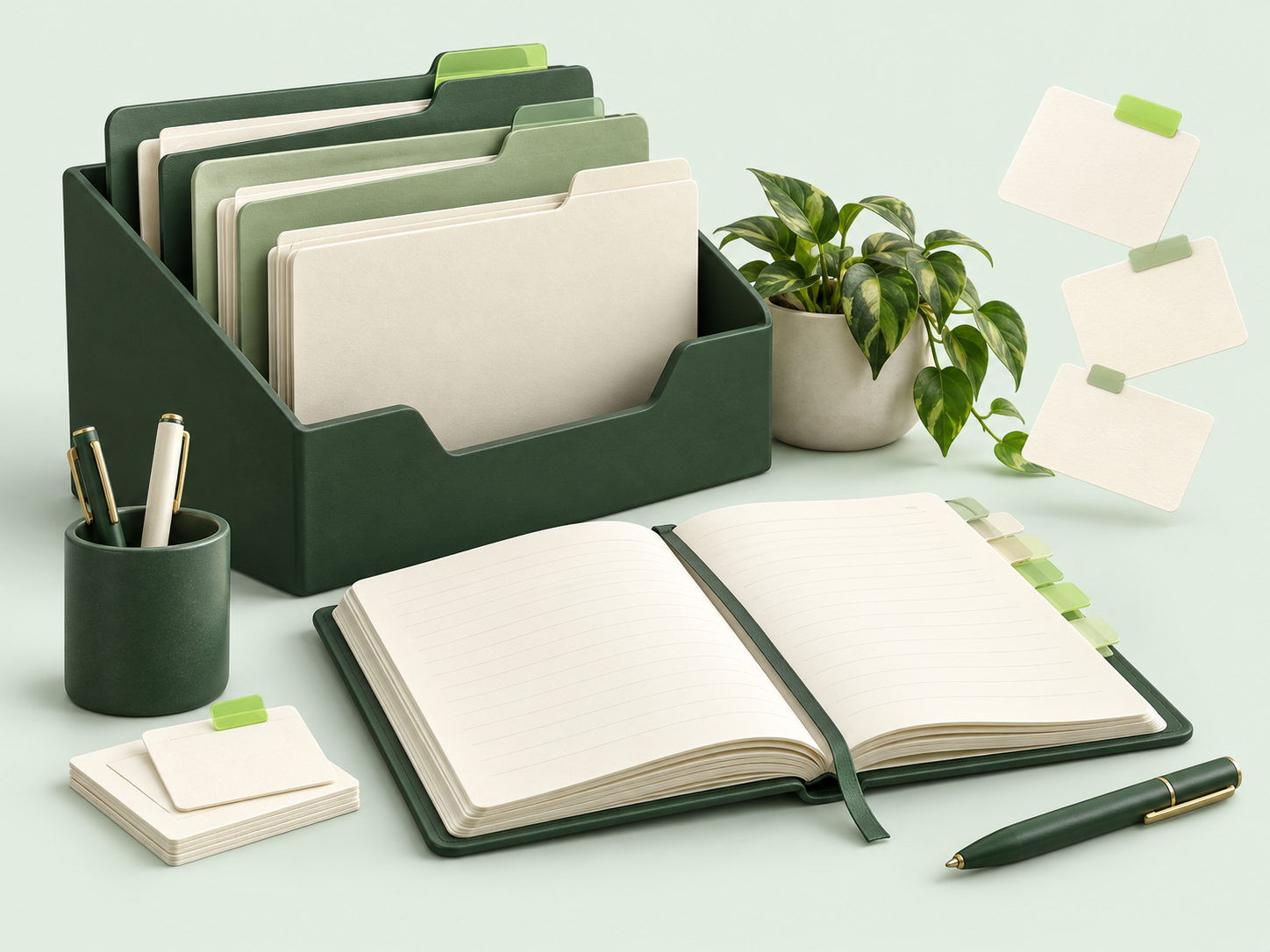 Illustration of organized folders, reference cards and a notebook
